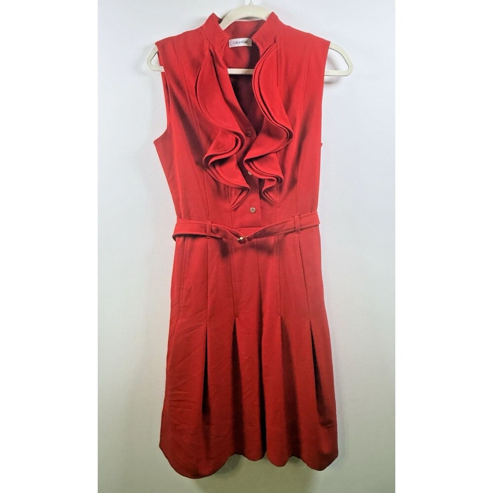 Calvin Klein Red V-Neck Sleeveless Fit & Flare Ruffle Belted Lined Dress 8
